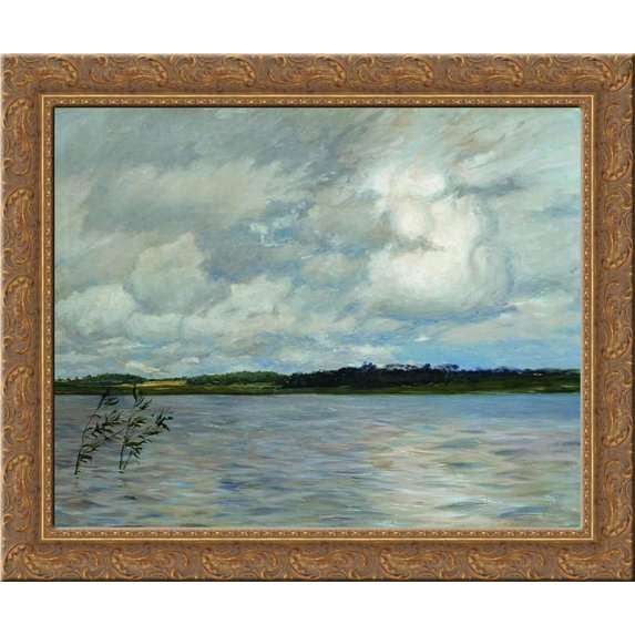 Lake. Gray day. 24x20 Gold Ornate Wood Framed Canvas Art by Isaac Levitan