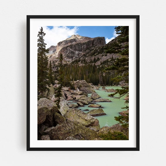 Lake Haiyaha II - Colorado Photography Mountain Lake Nature Scenic Landscape Wilderness Forest Black Framed Wall Art Print 6 x 8 inches