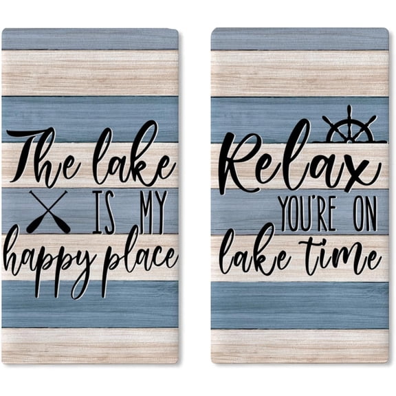 The Lake is My Happy Place Kitchen Dish Towels Set of 2, Relax You're on Lake Time Drying Hand Towel Baking Cooking Cloth, Lakehouse Farmhouse Rustic Anchor Bathroom Home Decoration 18'' x 26''