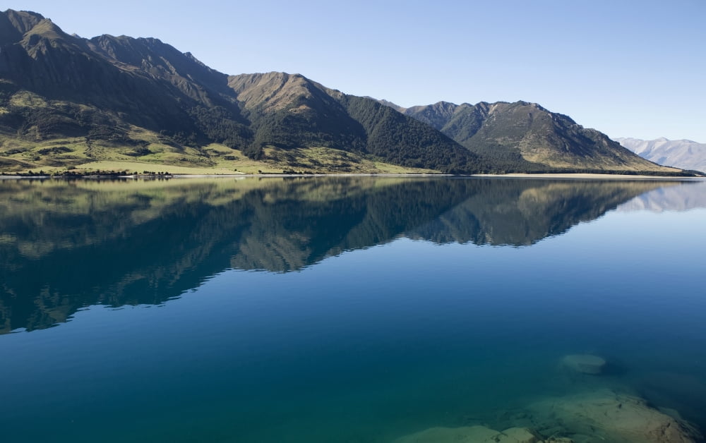 Lake Hawea with reflections of mountains South Island New Zealand Canvas Art - Nicola M Mora Design Pics (38 x 24)