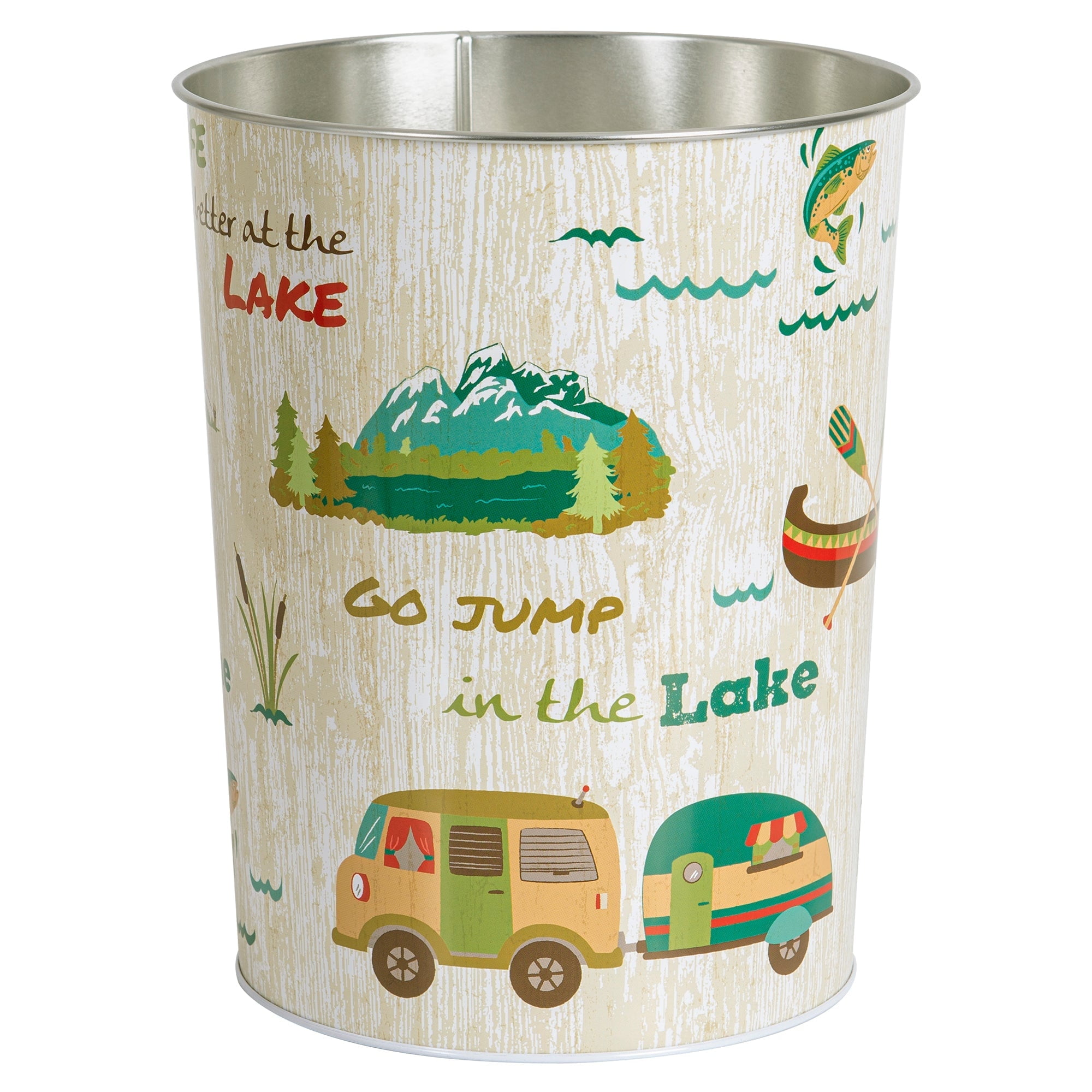 Teal and Beige Metal Outdoor-Themed Wastebasket