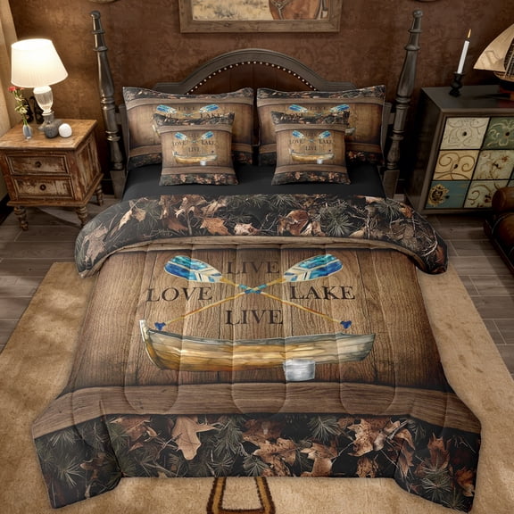 Lake House 7 Piece Comforter Set With Sheets Full Lake Paddle Boat Bedding Set Gifts For Men Women,Rustic Cabin Camo Bed In A Bag Woodland Tree Branch Leaves Camouflage Bed Set