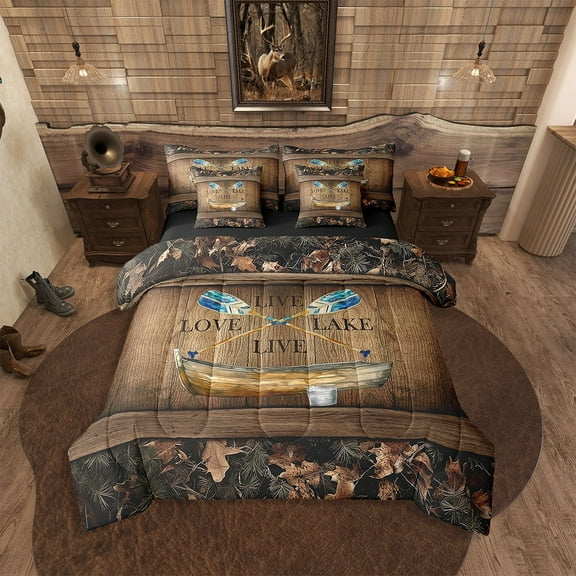Lake House 7 Piece Comforter Set With Sheets King Lake Paddle Boat Bedding Set Gifts For Men Women,Rustic Cabin Camo Bed In A Bag Woodland Tree Branch Leaves Camouflage Bed Set