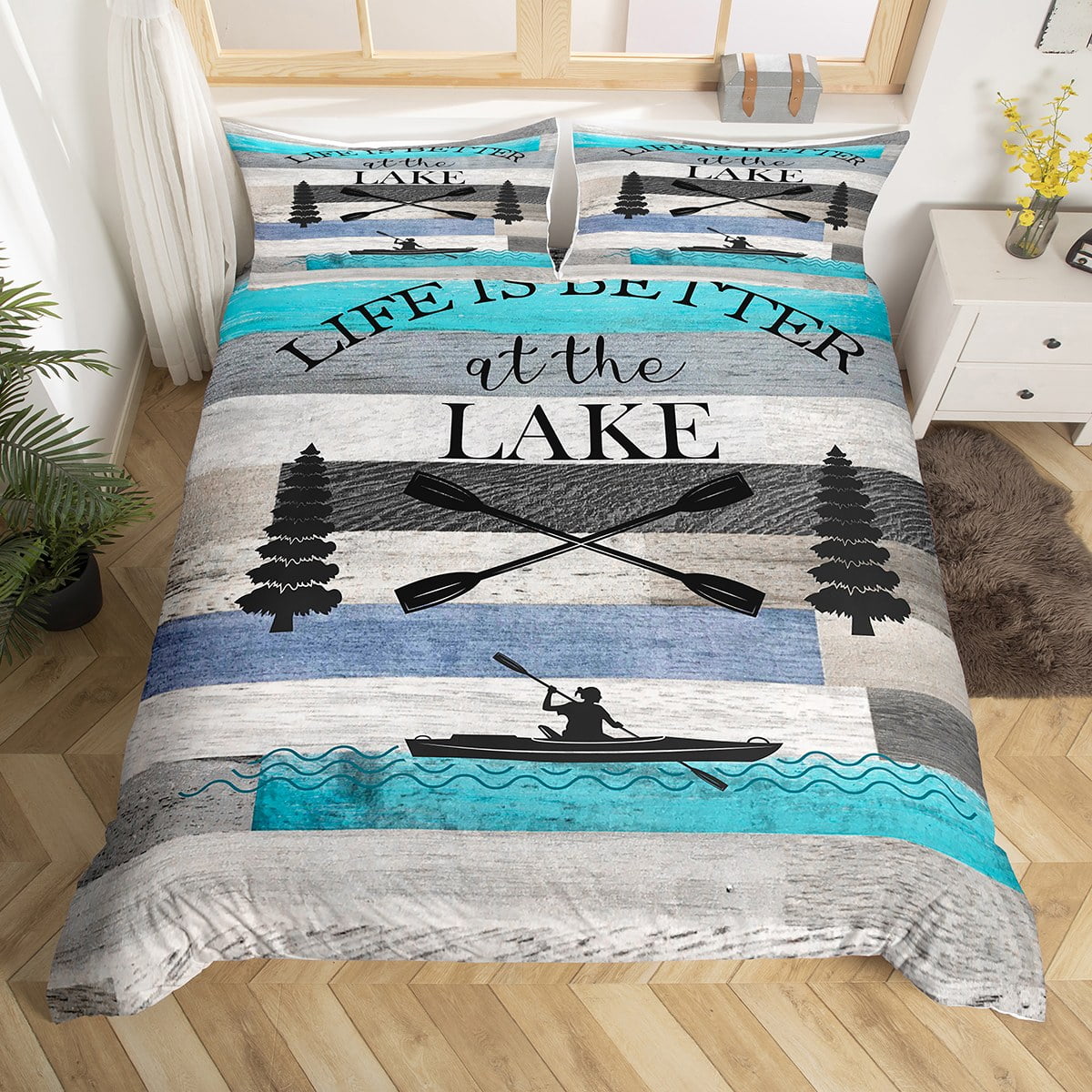 Lake House Bedding Set For Boys, Farmhouse Paddles Boat Comforter Cover