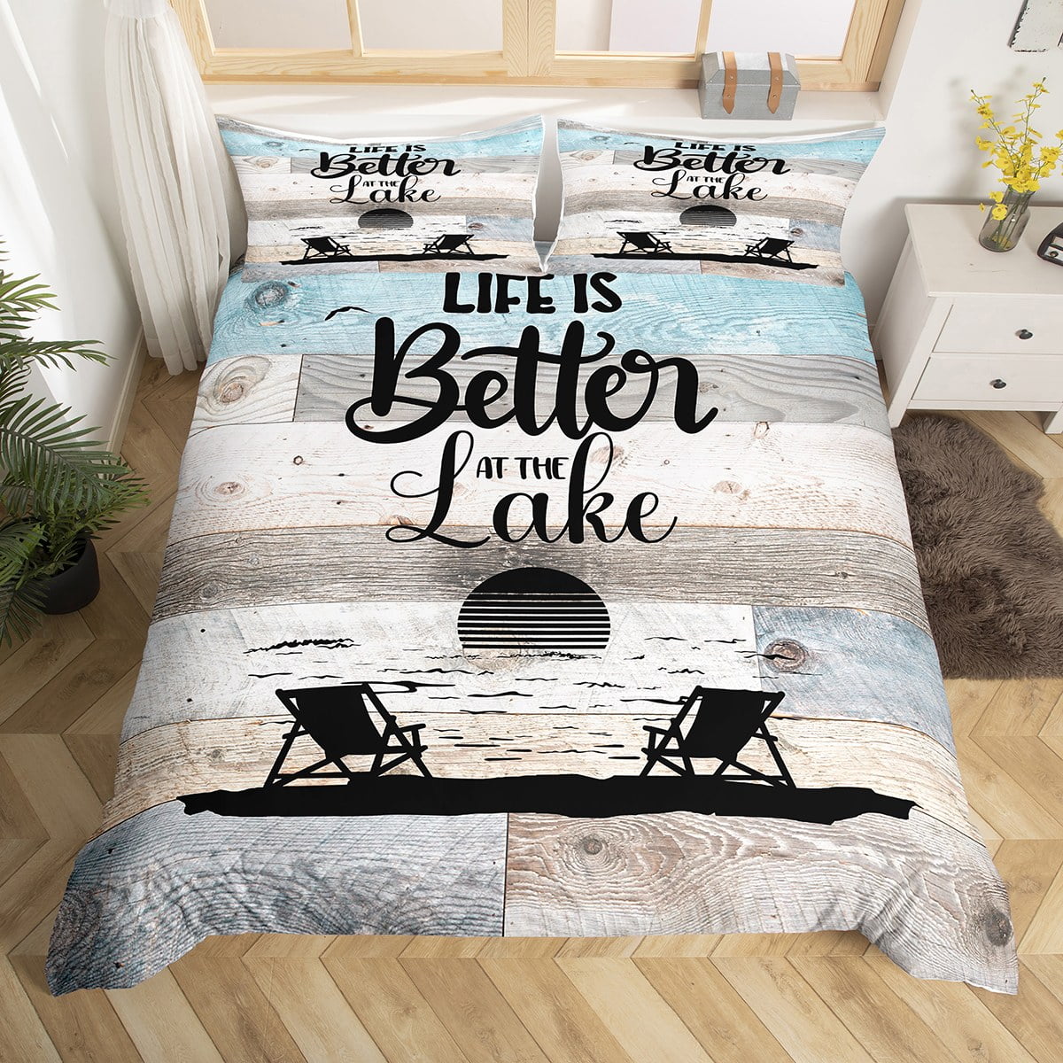 Lake House Bedding Set King Size, Rustic Farmhouse Comforter Cover For ...