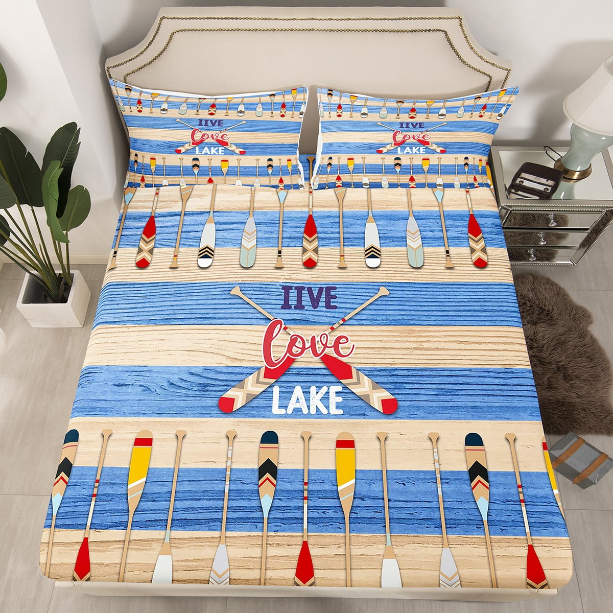 Lake House Bedding Set, Paddle Boating Fitted Sheet Queen Size For Kids Boys Teens Bedroom, Lake