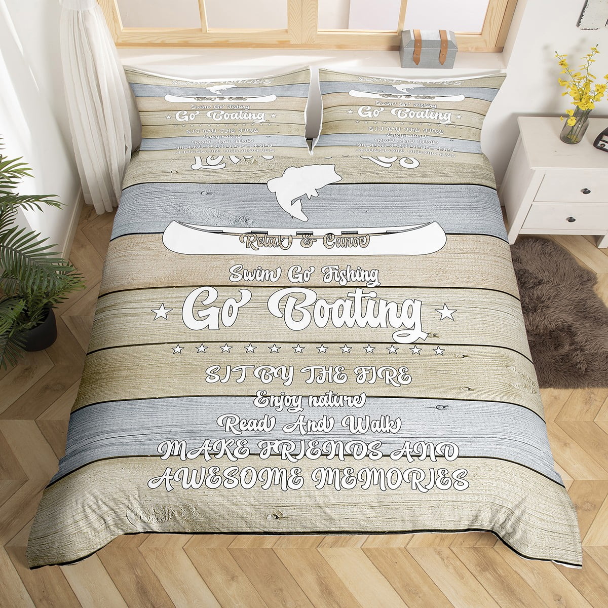 Lake House Bedding Set Queen Size, Farmhouse Rustic Comforter Cover Fishing Boating Duvet Cover