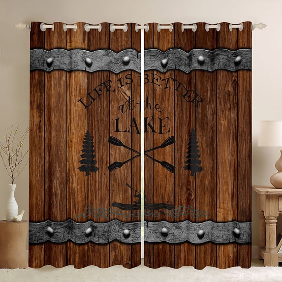 Lake House 30%-50% Blackout Curtains 42"Wx63"L, Lake Paddle Decor Curtains & Drapes Rustic Farmhouse Curtains Teens Adult Women Bedroom Decor, Retro Wooden Planks Window Curtains 2 Panels, Brown