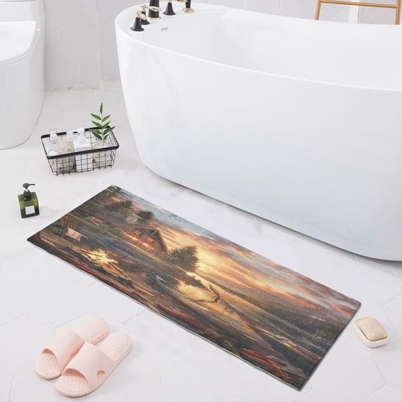 Lake House Campfire Boat Bath Mat 39x20 Non-Slip Bathroom Rugs Absorbent Soft Plush Quick Dry for Tub Shower Kitchen Home Decor