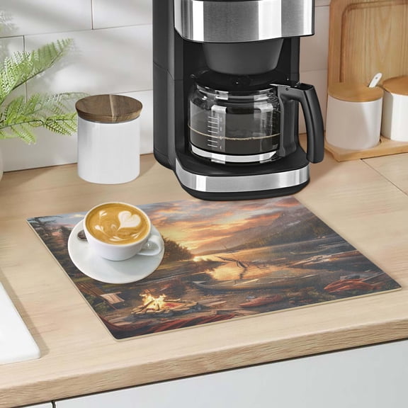 Lake House Campfire Boat Dish Drying Mat 12"x18" Kitchen Counter Dish Pad Microfiber Absorbent Drainer Rack for Coffee Bar