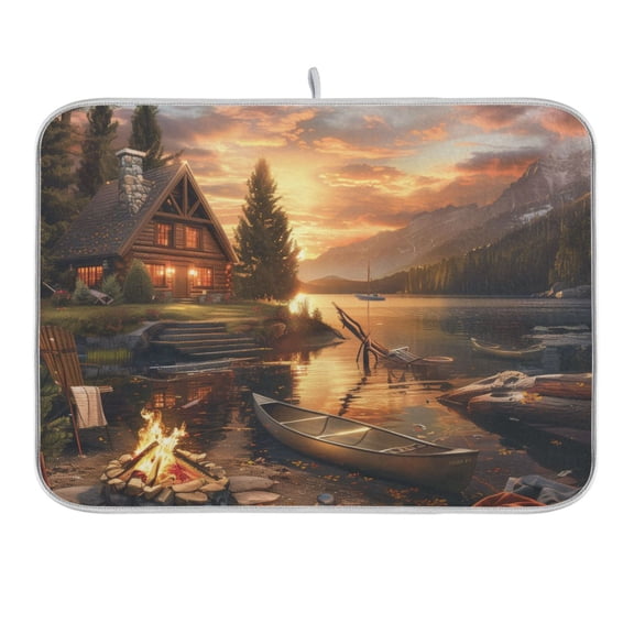 Lake House Campfire Boat Dish Drying Mat 16x18 Absorbent Microfiber Draining Rack Pad for Kitchen Counter Sink