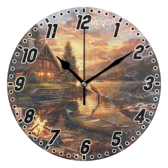 Lake House Campfire Boat Round Wall Clock Battery Operated Silent Non-Ticking Bedroom Office Kitchen Home School Decor 10"(Black)