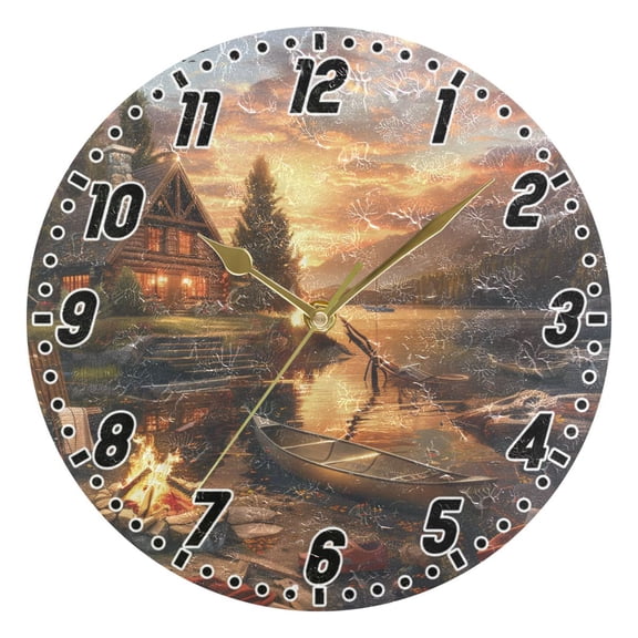 Lake House Campfire Boat Round Wall Clock Battery Operated Silent Non-Ticking Bedroom Office Kitchen Home School Decor 10"(Gold)