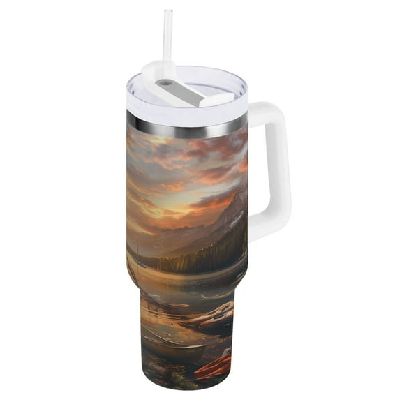 Lake House Campfire Boat Tumbler with Handle and Straw Lid 30 oz Insulated Vacuum Water Bottle Stainless Steel Travel Cup