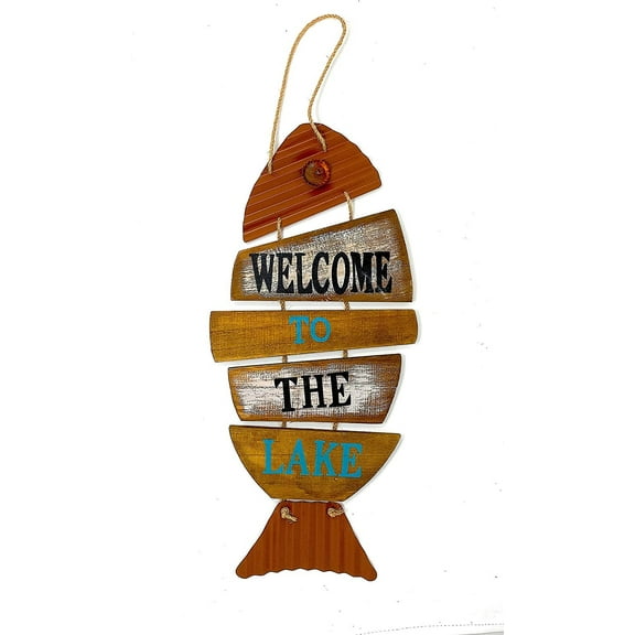 Lake House Coastal Beach Decor Wall Plaque Wood & Metal Rustic Fish Shape 20" x 9" (Welcome To The Lake House)