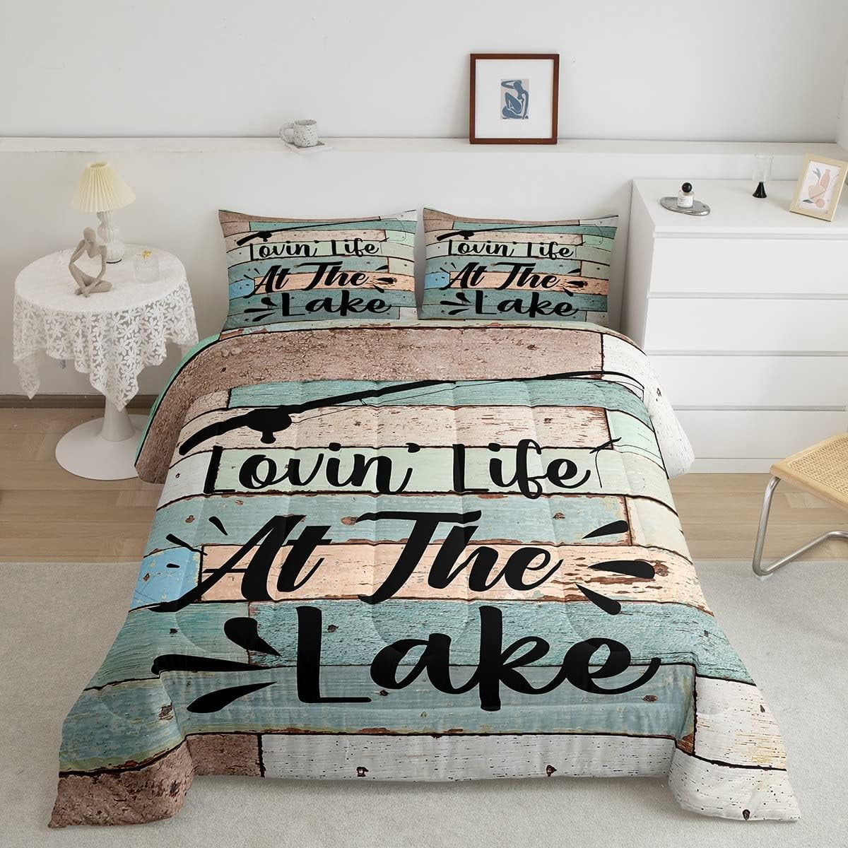 Lake House Comforter Set, Fishing Rod Bedding Set Queen Size For Kids