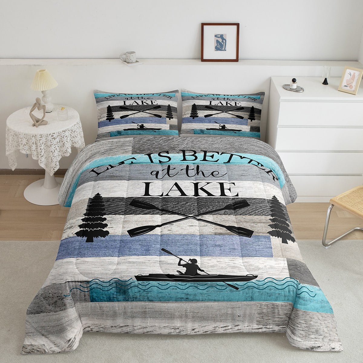 Lake House Comforter Set For Boys, Farmhouse Paddles Boat Bedding Set
