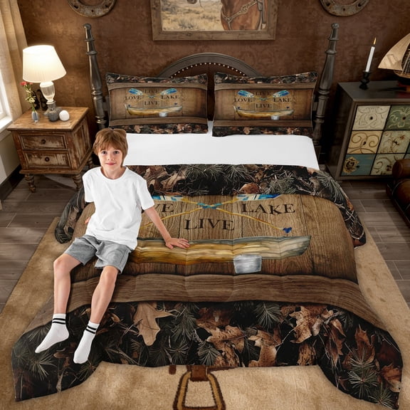 Lake House Comforter Set Queen Lake Paddle Boat Bedding Set Gifts For Men Women,Rustic Cabin Camo Bedding Comforter Sets Woodland Tree Branch Leaves Camouflage Bed Set 3 Pcs