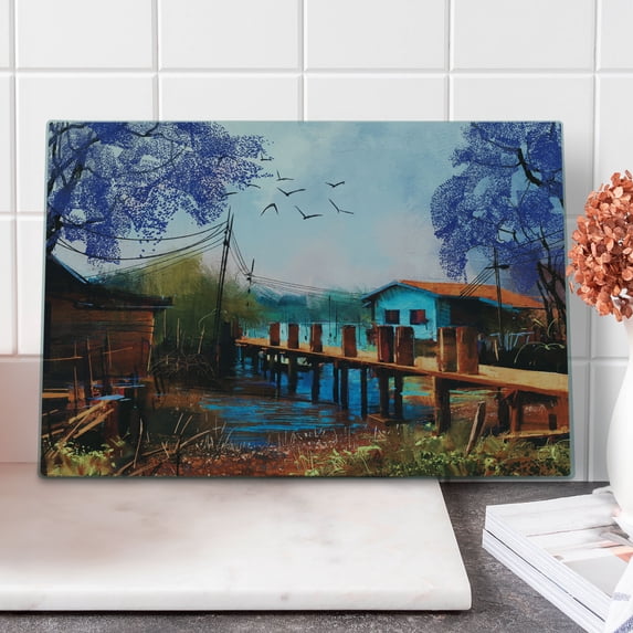 Lake House Cutting Board, Vintage Hand Drawn Artisan Picture of Fishing Village with Old Bridge and Gulls, Decorative Tempered Glass Cutting and Serving Board, Large Size, Multicolor, by Ambesonne