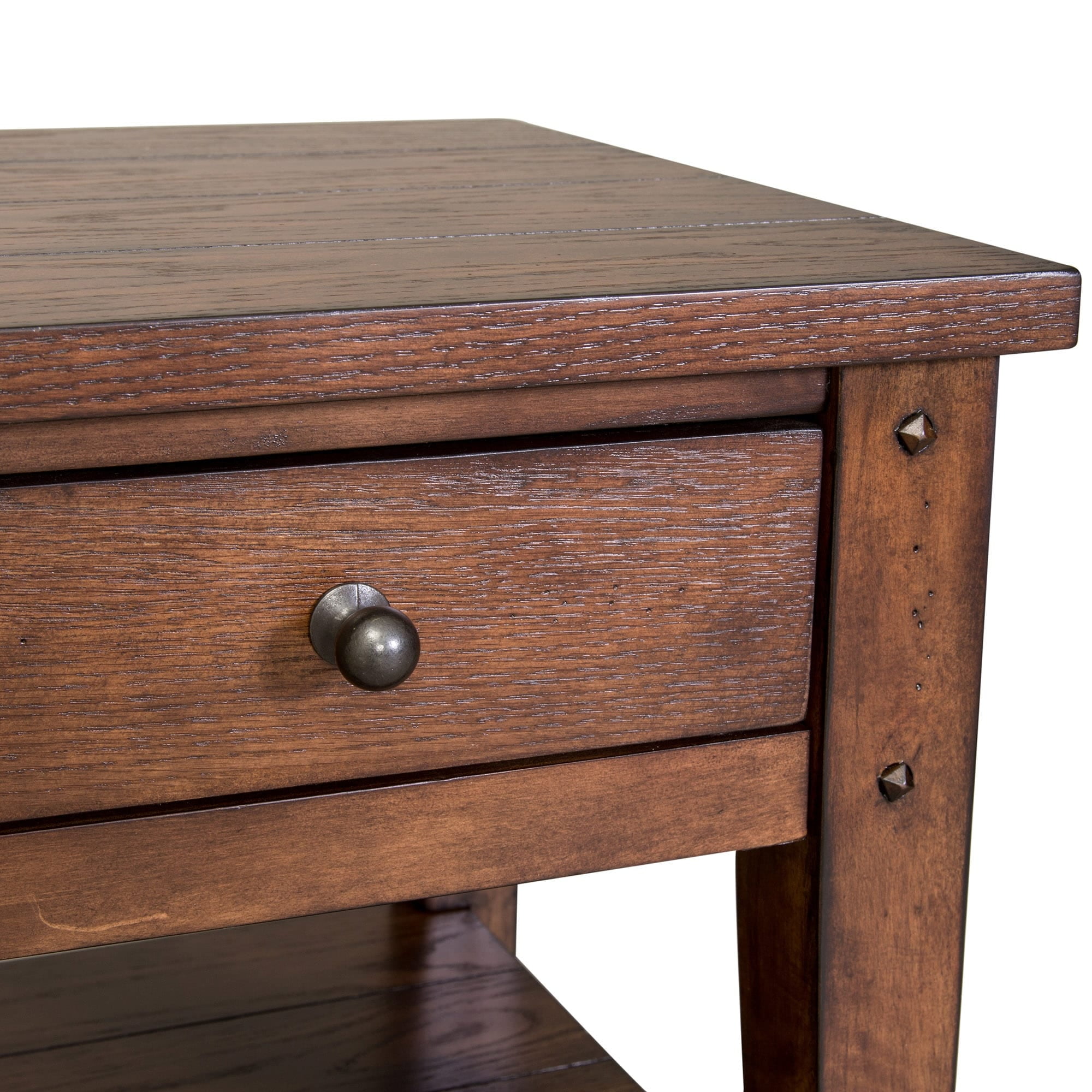 Rustic Brown Oak Square Chairside Table with Storage