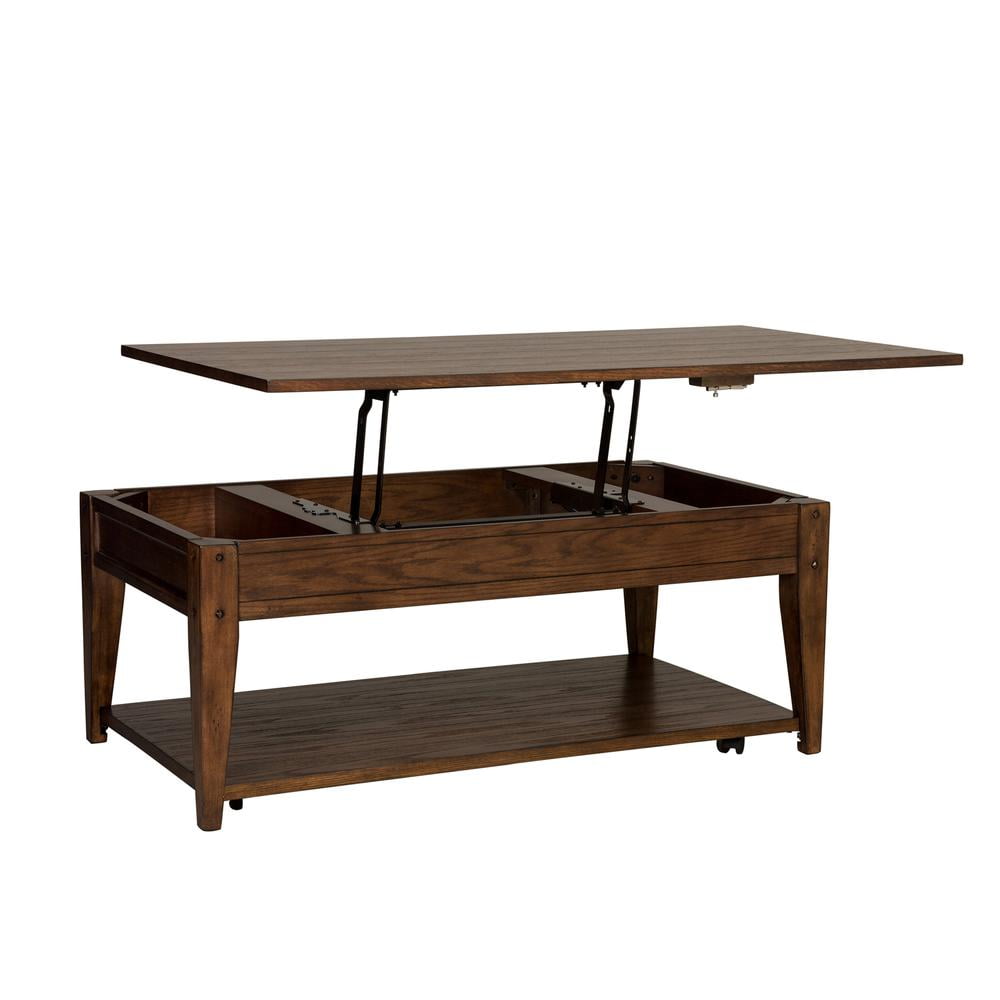 Rustic Brown Oak Rectangular Lift-Top Coffee Table with Storage