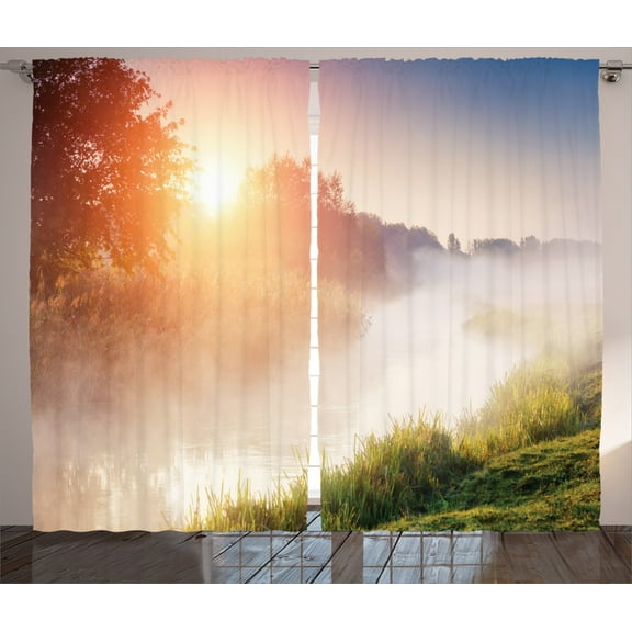 Ambesonne Nature Curtains 2 Panel Set, Sunbeams Foggy Mountain, 108" x 90", Multicolor