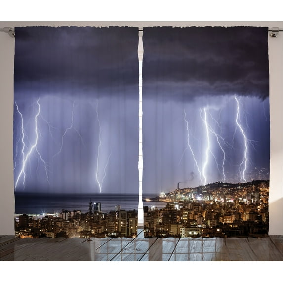 Ambesonne Landscape Curtains 2 Panel Set, Dark Stormy Night, 108" x 84", Multicolor