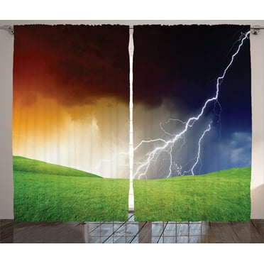 Ambesonne Landscape Curtains 2 Panel Set, Thunder Field, 108" x 90", Green Orange Blue