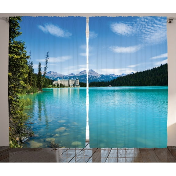 Ambesonne Landscape Curtains 2 Panel Set, Canadian Lake Castle, 108" x 84", Turquoise Green