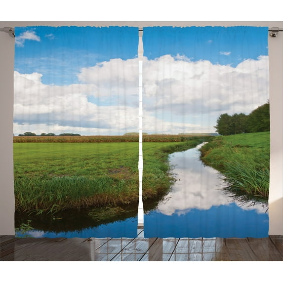 Ambesonne Nature Curtains 2 Panel Set, Calm River Meadow Trees, 108" x 90", Green Blue White
