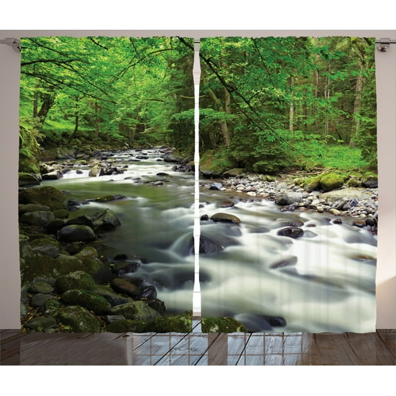 Ambesonne Nature Curtains 2 Panel Set, Riverbed Rocks Trees, 108" x 90", Green Grey White