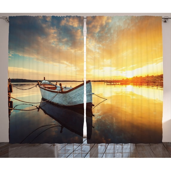 Ambesonne Holiday Curtains 2 Panel Set, Sunset at Harbor Boat, 108" x 84", Pale Yellow