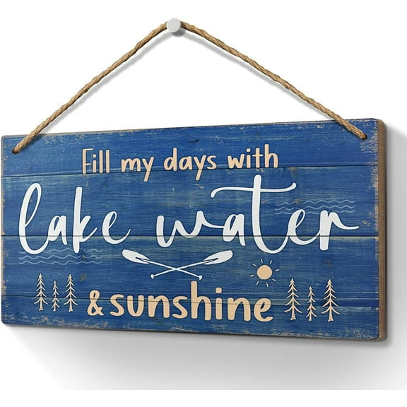 Lake House Decor-Fill My Days with Lake Water & Sunshine Sign 10x5 Inch,Funny Rustic Wall Art Country Decor,Hanging Signs Wood Plaque for Cabin Cottage Lake Life Home Decoration-Blue