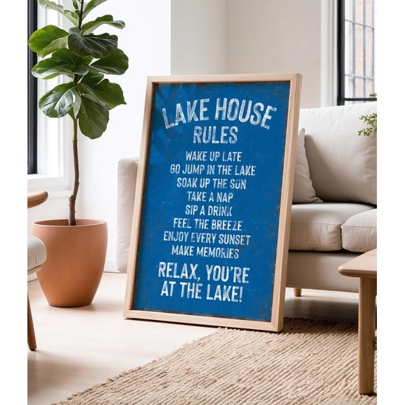 Lake House Decor In Ocean Blue Tones Coastal Lake House Rules Sign, Unframed Paper Print