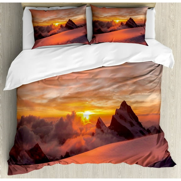 Lake House Decor King Size Duvet Cover Set, Sunrise in Swiss Alps with Magical View of Mountain Natural Paradise, Decorative 3 Piece Bedding Set with 2 Pillow Shams, White Yellow, by Ambesonne