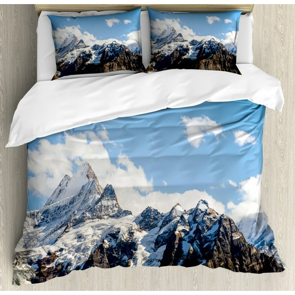 Lake House Decor Queen Size Duvet Cover Set, Snowy Mountain Scenery in Summer Cloudy Sky Natural Beauty Pattern, Decorative 3 Piece Bedding Set with 2 Pillow Shams, White Blue Brown, by Ambesonne