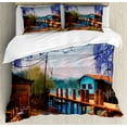 thumbnail image 1 of Lake House Decor Queen Size Duvet Cover Set, Vintage Hand Drawn Artisan Picture of Fishing Village with Old Bridge and Gulls, Decorative 3 Piece Bedding Set with 2 Pillow Shams, Multi, by Ambesonne, 1 of 3