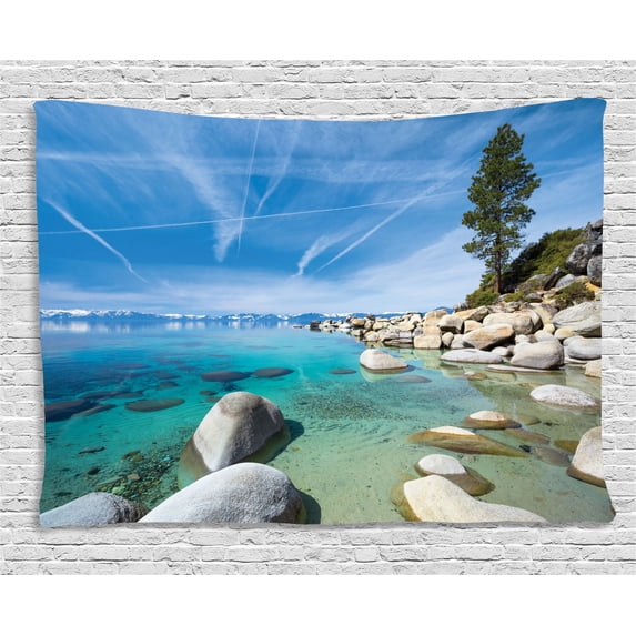 Lake House Decor Tapestry, Aerial View of A Tropic Phenomenal Universe Innate of World Artwork Photo, Wall Hanging for Bedroom Living Room Dorm Decor, 60W X 40L Inches, Blue Grey, by Ambesonne