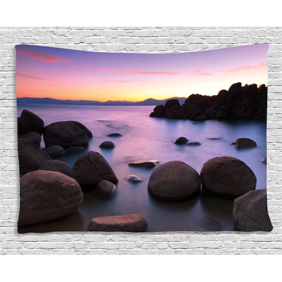 Lake House Decor Tapestry, Exposure House with Big Rocks in Blurred Water and Misty Color Sky Scene, Wall Hanging for Bedroom Living Room Dorm Decor, 60W X 40L Inches, Grey Purple, by Ambesonne