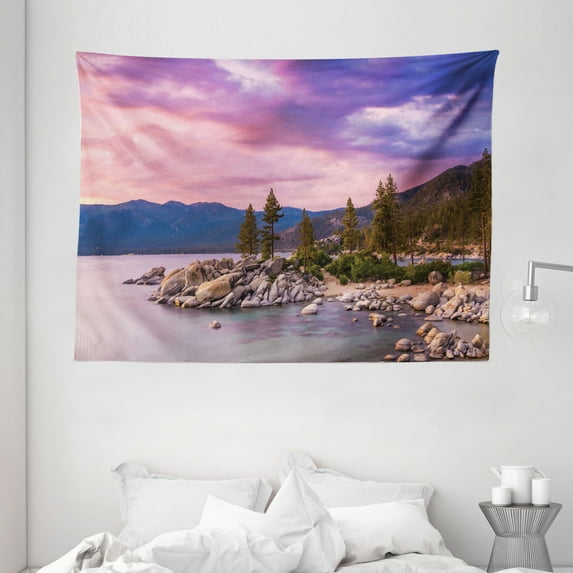 Lake House Decor Tapestry, Secret Paradise Forest with Surreal Miraculous Clouds in the Sky Art Print, Wall Hanging for Bedroom Living Room Dorm Decor, 80W X 60L Inches, Pink Grey, by Ambesonne