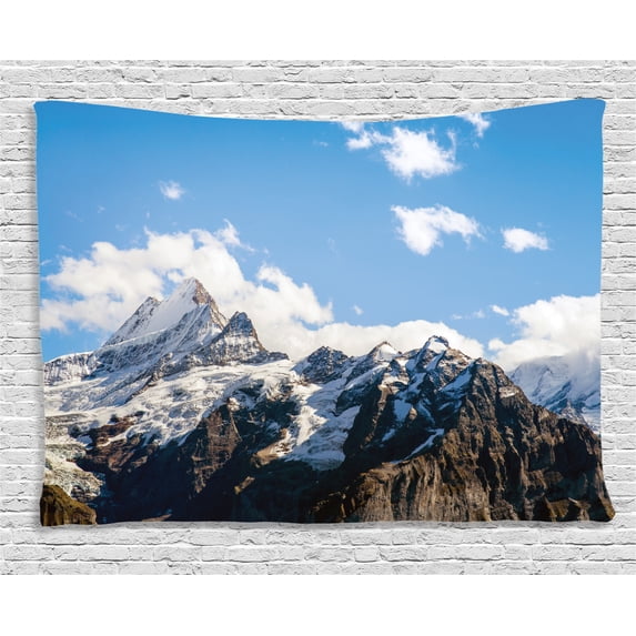 Lake House Decor Tapestry, Snowy Mountain Scenery in Summer Cloudy Sky Natural Beauty Pattern, Wall Hanging for Bedroom Living Room Dorm Decor, 80W X 60L Inches, White Blue Brown, by Ambesonne