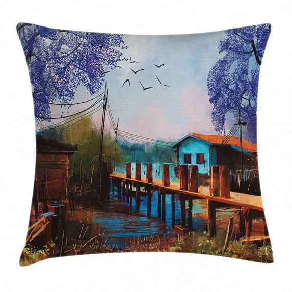 Lake House Decor Throw Pillow Cushion Cover, Vintage Hand Drawn Artisan Picture of Fishing Village with Old Bridge and Gulls, Decorative Square Accent Pillow Case, 20 X 20 Inches, Multi, by Ambesonne