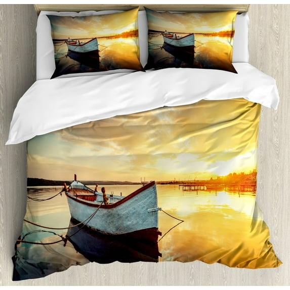 Lake House Duvet Cover Set Queen Size, Small Boat on the Water with Horizon and Overcast Dramatic Sky Harbor Home, Decorative 3 Piece Bedding Set with 2 Pillow Shams, Pale Yellow, by Ambesonne