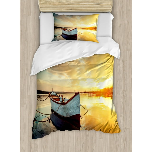 Lake House Duvet Cover Set Twin Size, Small Boat on the Water with Horizon and Overcast Dramatic Sky Harbor Home, Decorative 2 Piece Bedding Set with 1 Pillow Sham, Pale Yellow, by Ambesonne