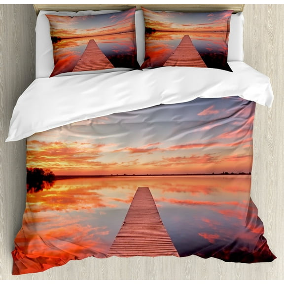 Lake House Duvet Cover Set, View of the Timber Deck Pier over Idyllic Sky at Dawn Scenery Print, Decorative 3 Piece Bedding Set with 2 Pillow Shams, Calking Size, Orange Lavender, by Ambesonne