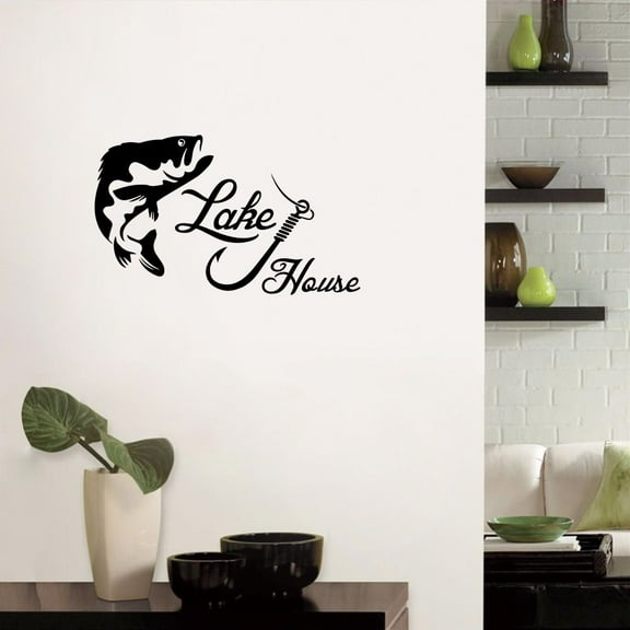 Lake House Fish Fishes Relax Quote Lake House Cabin Fishing Scenery Vacation Quotes Wall Decal Sticker Vinyl Art Mural for Girls / Boys Home Room Walls Bedroom House Decor Decoration (8x10 inch)
