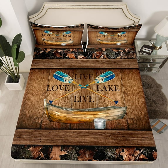 Lake House Fitted Sheet Full Lake Paddle Boat Bedding Set Gifts For Men Women,Rustic Cabin Camo Bed Sheets Woodland Tree Branch Leaves Camouflage Bed Cover 3 Pcs (No Top Sheet)