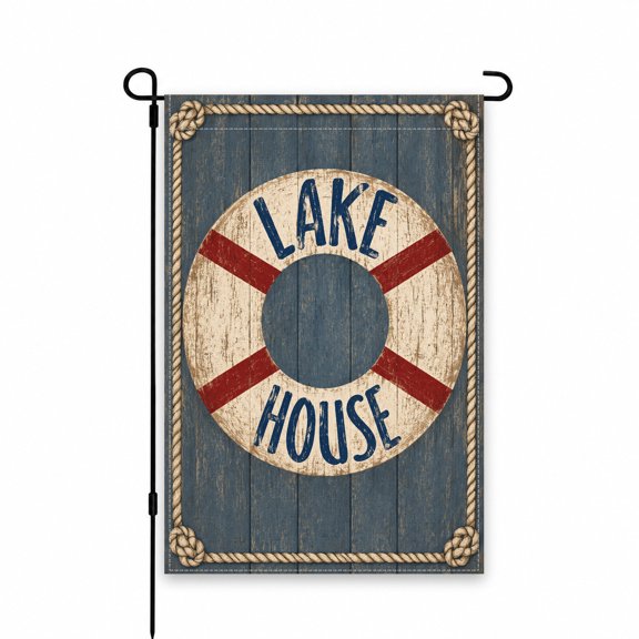 Lake House Garden Flag 12x18 Inch Nautical Life Preserver Design, Rustic Blue and Red Theme for Porch, Patio, Yard Outdoor Decor