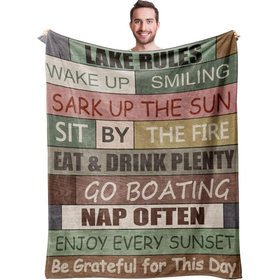 Lake House Gifts for Men - Lake Rules Blanket 50x60 Boating Fishing Home Decor Throw Blanket Lake Life Decorations Lake Themed Gifts for Lake Lovers Christmas