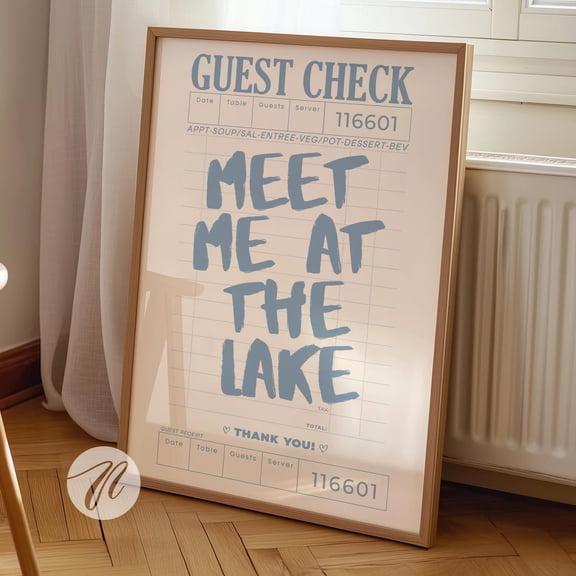 Lake House Guest Check Wall Art Blue Coastal Decor, Unframed Paper Print Size 8x12